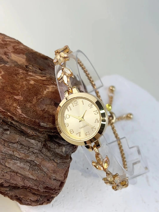 Elegant Purple Three-Leaf Crystal Drawstring Adjustable Bracelet Watch for Women