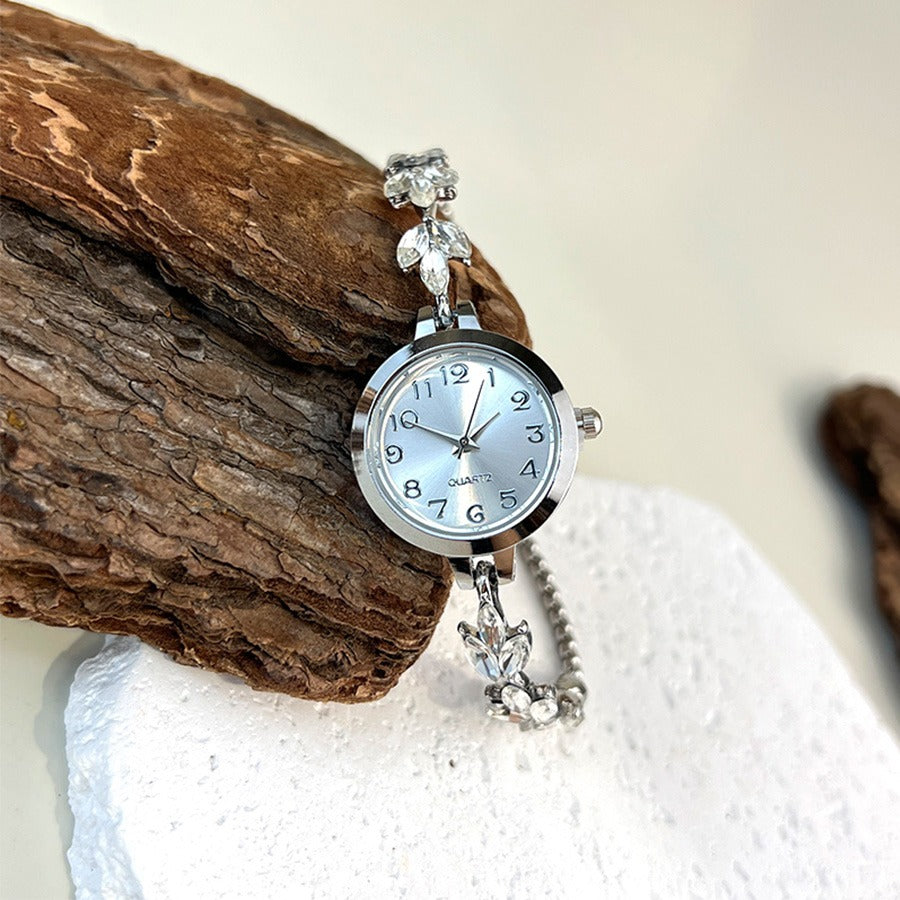 Elegant Purple Three-Leaf Crystal Drawstring Adjustable Bracelet Watch for Women
