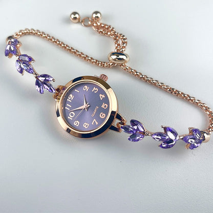 Elegant Purple Three-Leaf Crystal Drawstring Adjustable Bracelet Watch for Women