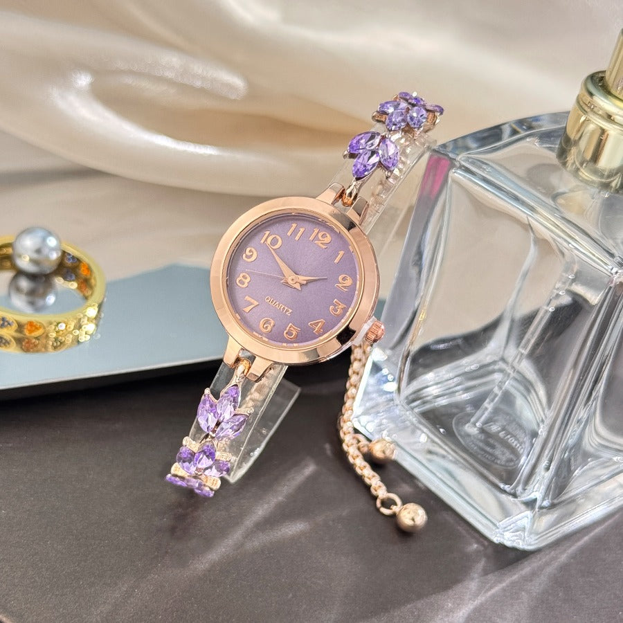 Elegant Purple Three-Leaf Crystal Drawstring Adjustable Bracelet Watch for Women