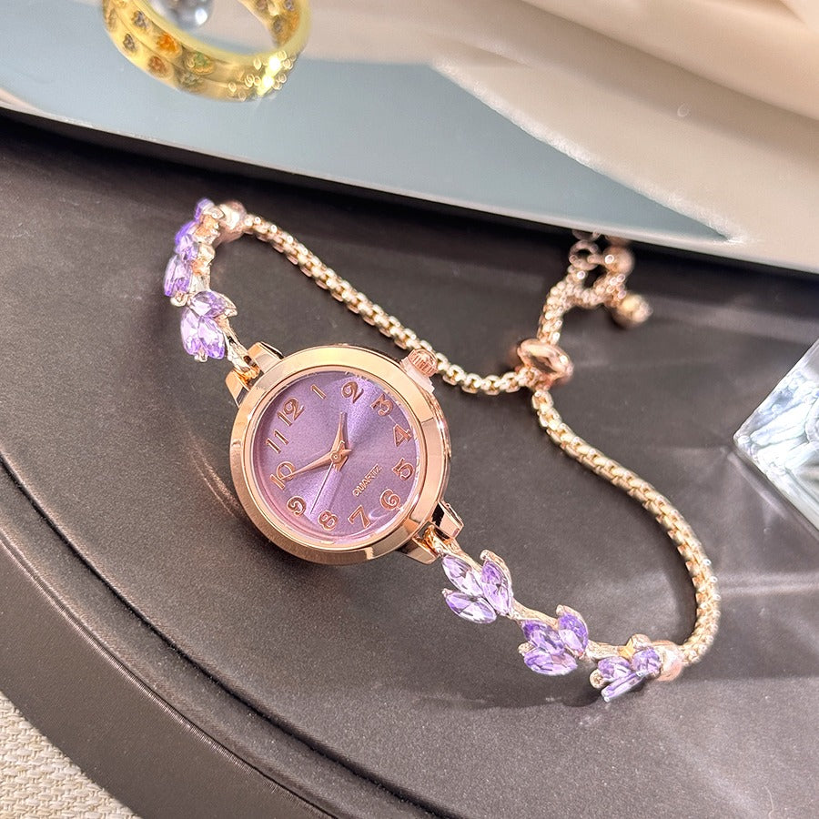 Elegant Purple Three-Leaf Crystal Drawstring Adjustable Bracelet Watch for Women