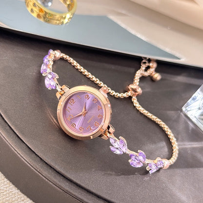 Elegant Purple Three-Leaf Crystal Drawstring Adjustable Bracelet Watch for Women