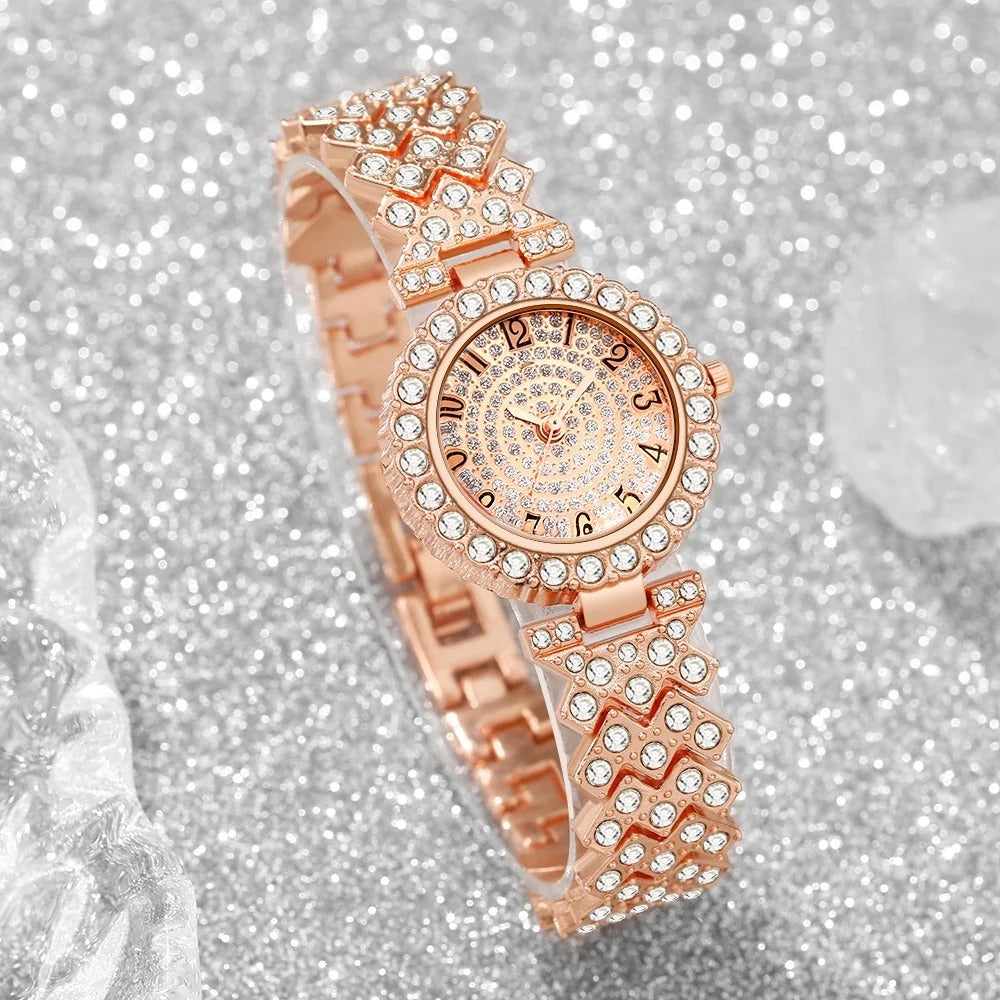 5PCS Elegant Women's Quartz Watch Rhinestone Jewelry Set Luxury Bracelet Strap Wristwatches for Girls Clock（Without Box）