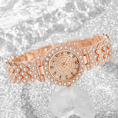 5PCS Elegant Women's Quartz Watch Rhinestone Jewelry Set Luxury Bracelet Strap Wristwatches for Girls Clock（Without Box）